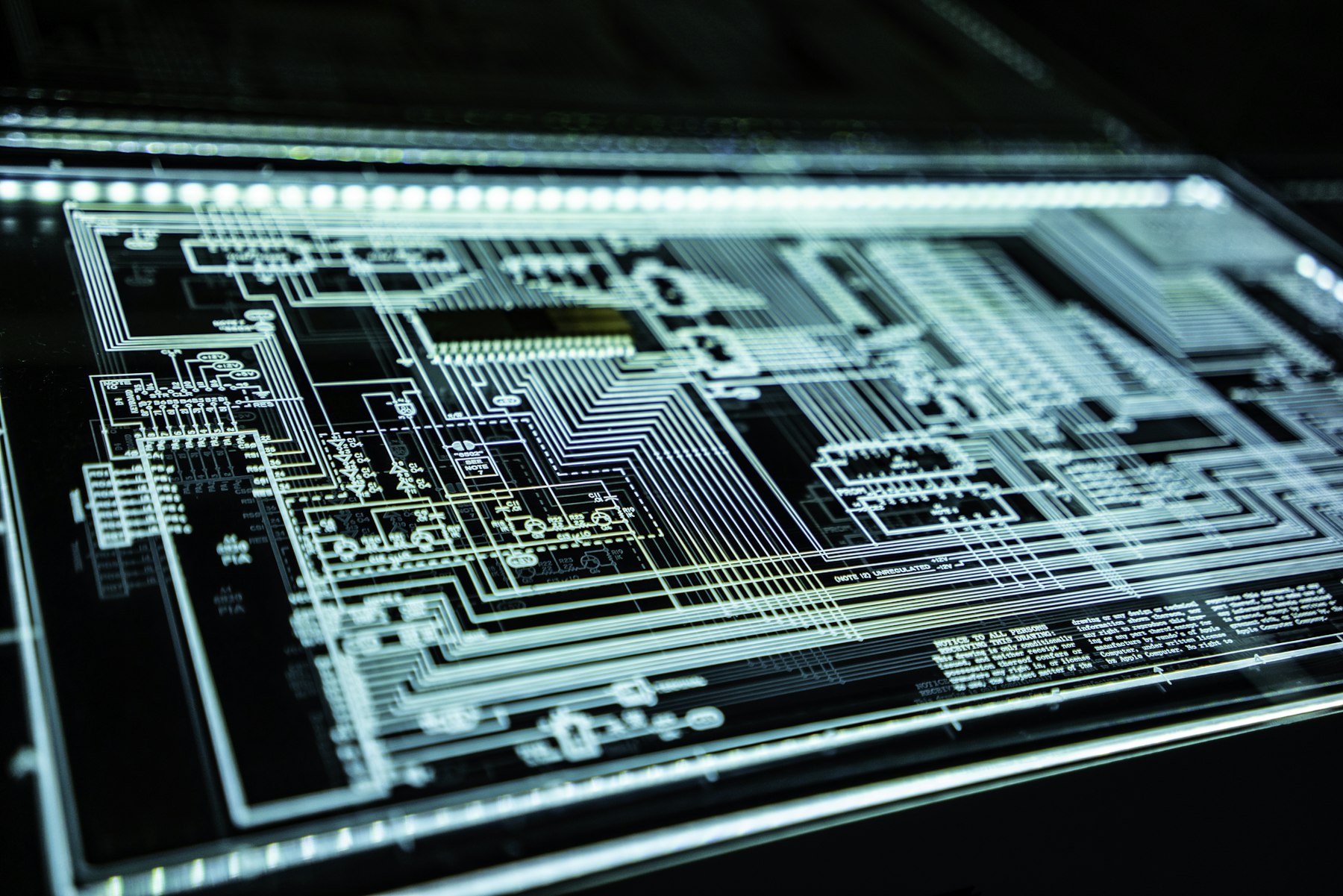 Circuit board illuminated in blue light